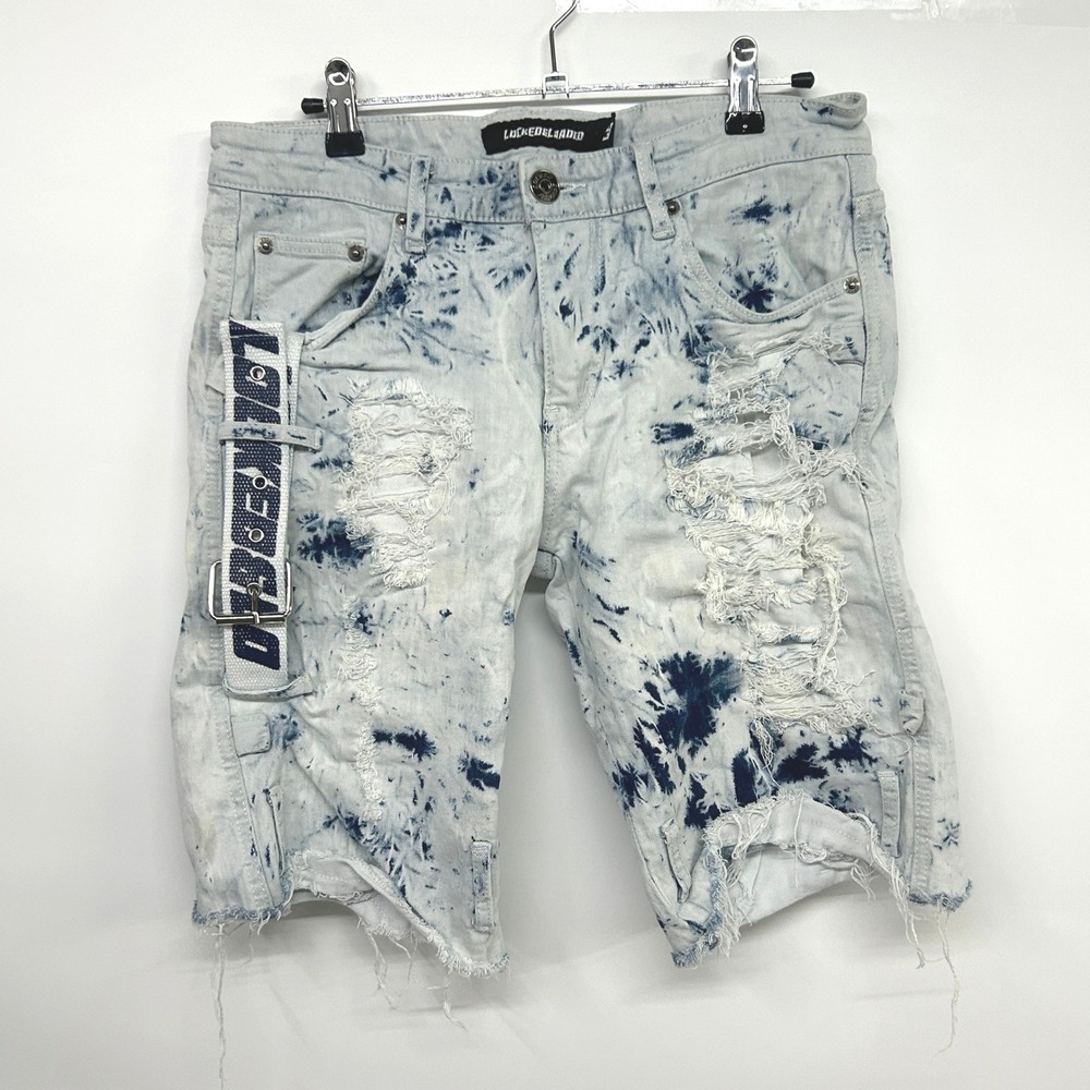 Y2K Distressed Denim Shorts 32 Bleach Wash Cargo Rave Skater Streetwear Cyber‎